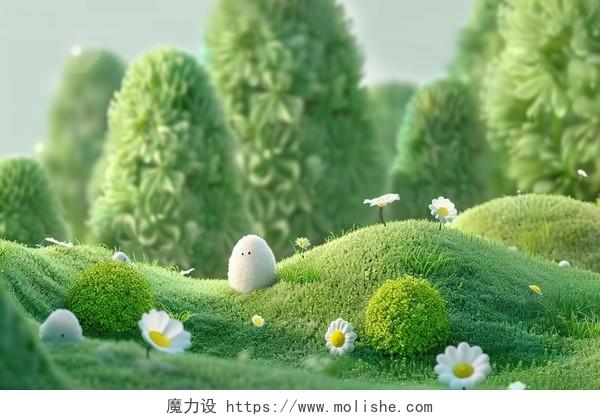 绿草地上的小雏菊花朵和绿树毛绒毛毡玩具AI